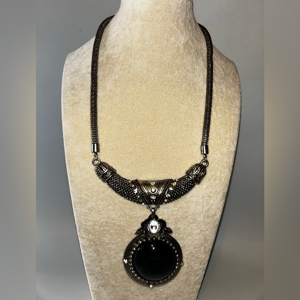 Vintage silver and black medallion necklace